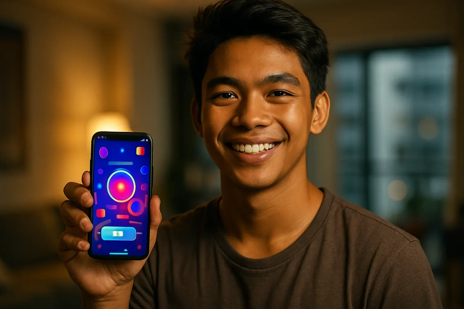 Smiling young Filipino man holding smartphone showing colorful mobile gaming app interface