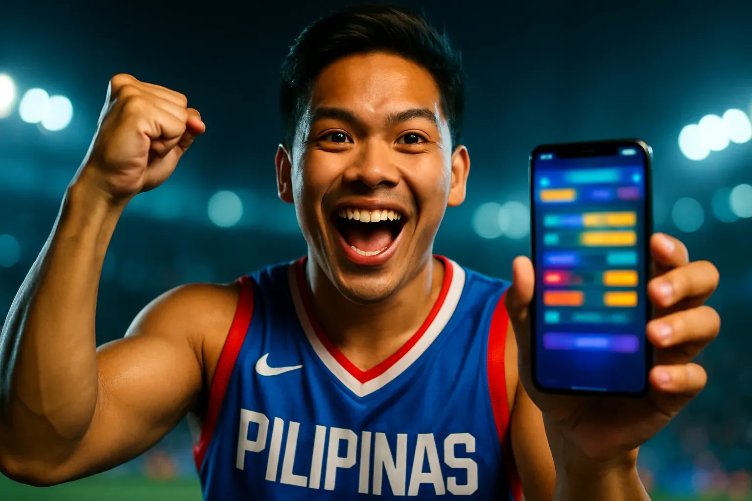 Excited young Filipino man cheering, holding smartphone with glowing sports betting interface