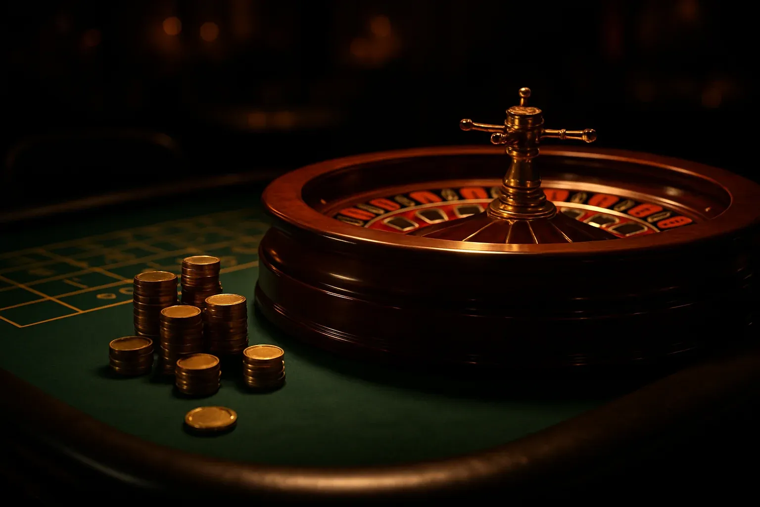 Hyperrealistic wide shot of glowing roulette wheel and stacked golden chips