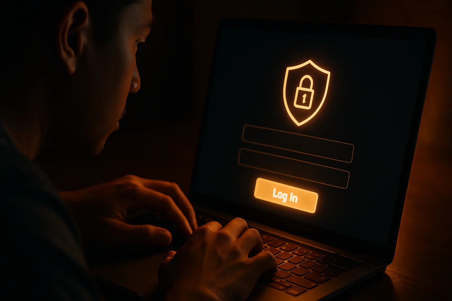 Close-up of Filipino hands on laptop showing stylized login form