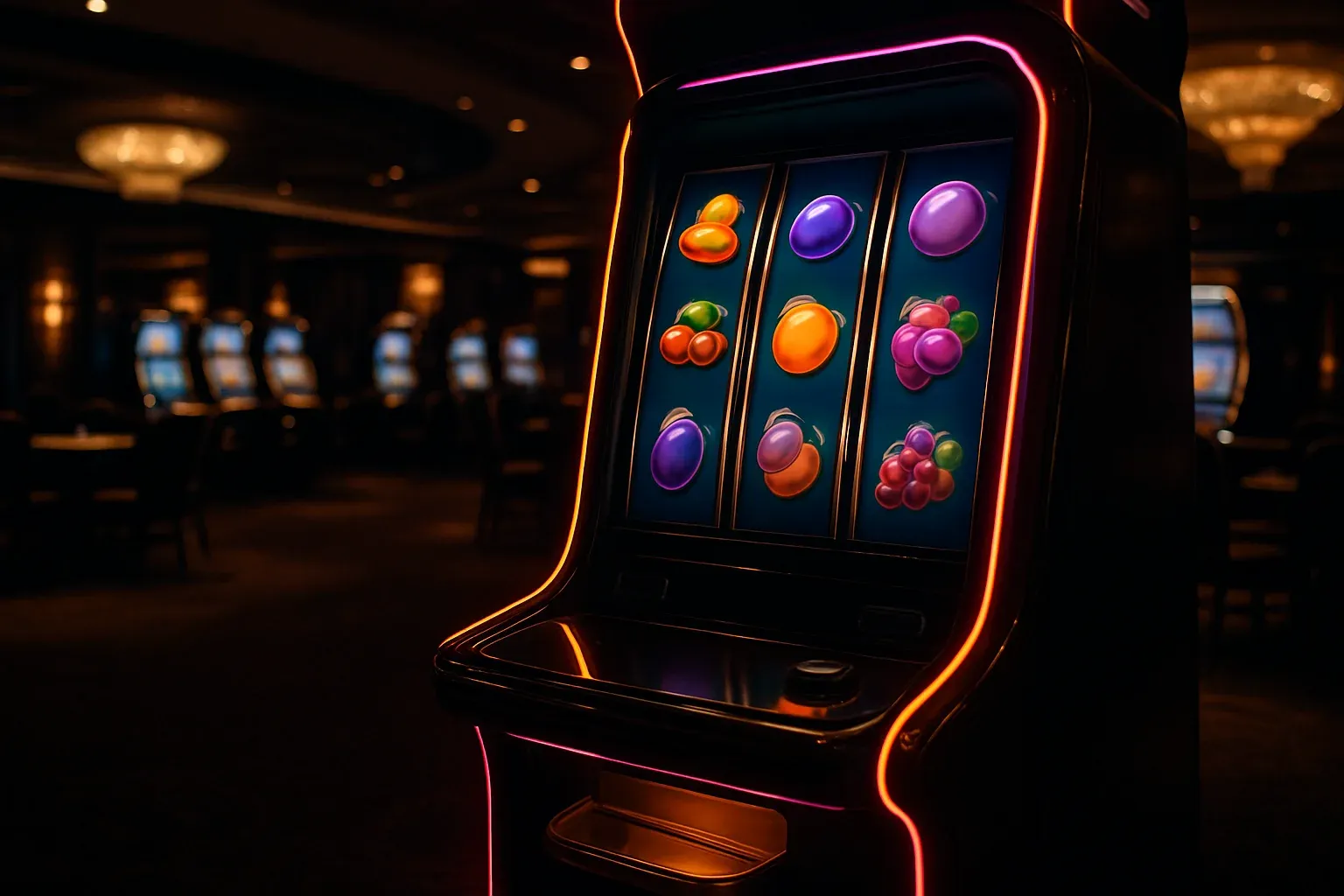 Hyperrealistic wide shot of premium slot machine in dark luxury casino